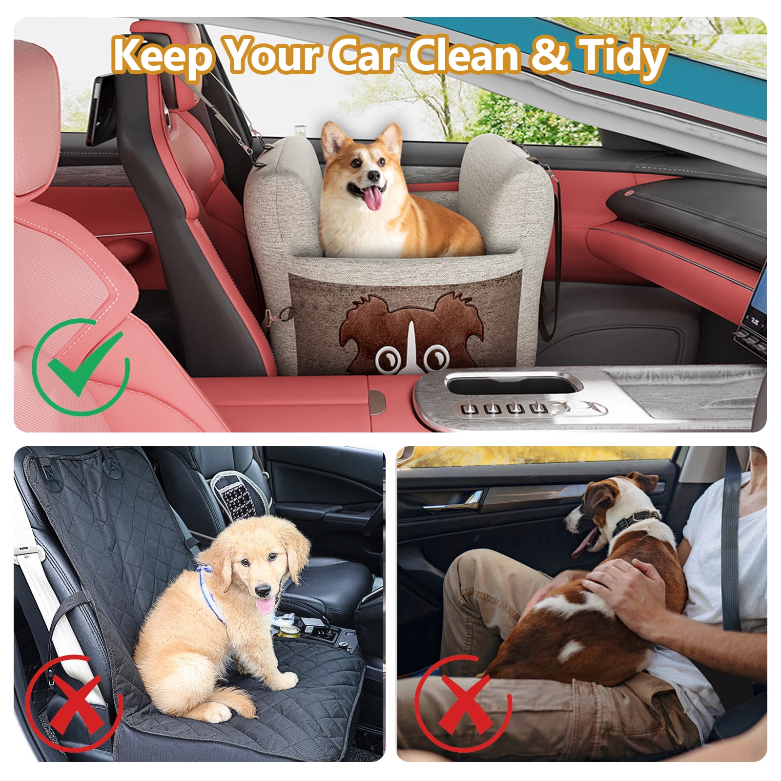 Baxluxe Pet Booster Seat for Car, Secure Travel Carrier Dog Car Seat with Safe Buckle, Portable Dog Bed Carrier Bag with Foam Filling, Thickened Dog Car Seat for Puppy, 21"Lx21"Wx17"H, Beige