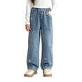 thumbnail image 2 of JUSLIO Girls Pants,Pull‑On Denim Pants Vintage Washed Flower Embroidered Relaxed Wide Leg Jeans for Kids Blue 3-4Years, 2 of 7