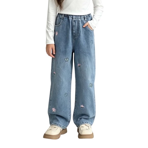 Mlzmgr Girls Jeans High Waisted Button Wide Leg Loose Casual Print Fashion Denim Pants with Pockets for Kids Streetwear