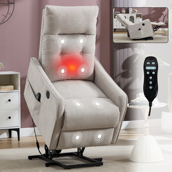 Beige Chenille Single Motor Power Lift Recliner Chair with Massage and Heat for Elderly, Heavy Duty Motion Mechanism and One USB for Charging, Max Reclining Angle 155°