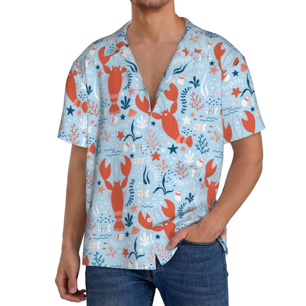 Balery Lobsters Camisa Casual de Manga Corta con Botones para Hombre, Texturizada, Estilo Cubano, para Playa, Verano-X-Large