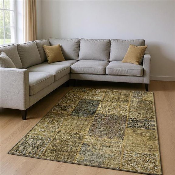 HomeRoots 655427 10 x 14 ft. Brown, Gray & Charcoal Patchwork Washable Machine Made Rectangle Area Rug with UV Protection