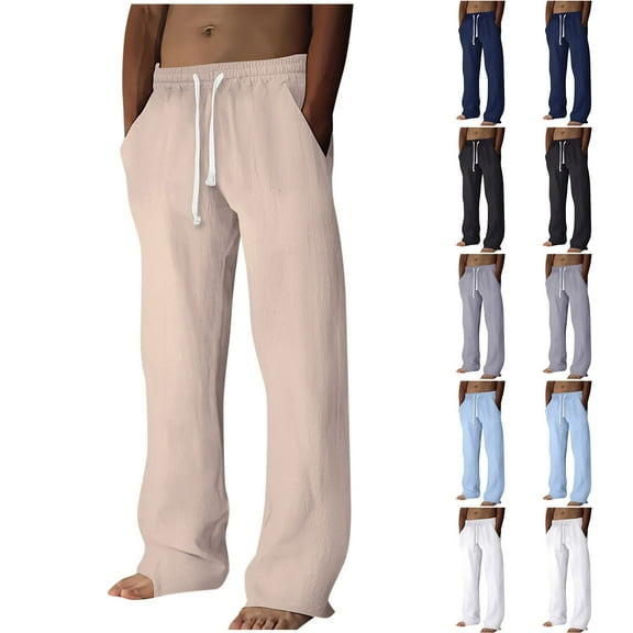 ibuvkizy Mens Linen Pants with Pockets Elastic Waist Drawstring Ventilate Fashion Loose Casual Solid Color Summer Beach Full Length Straight Leg Trousers,Sizes S-3XL