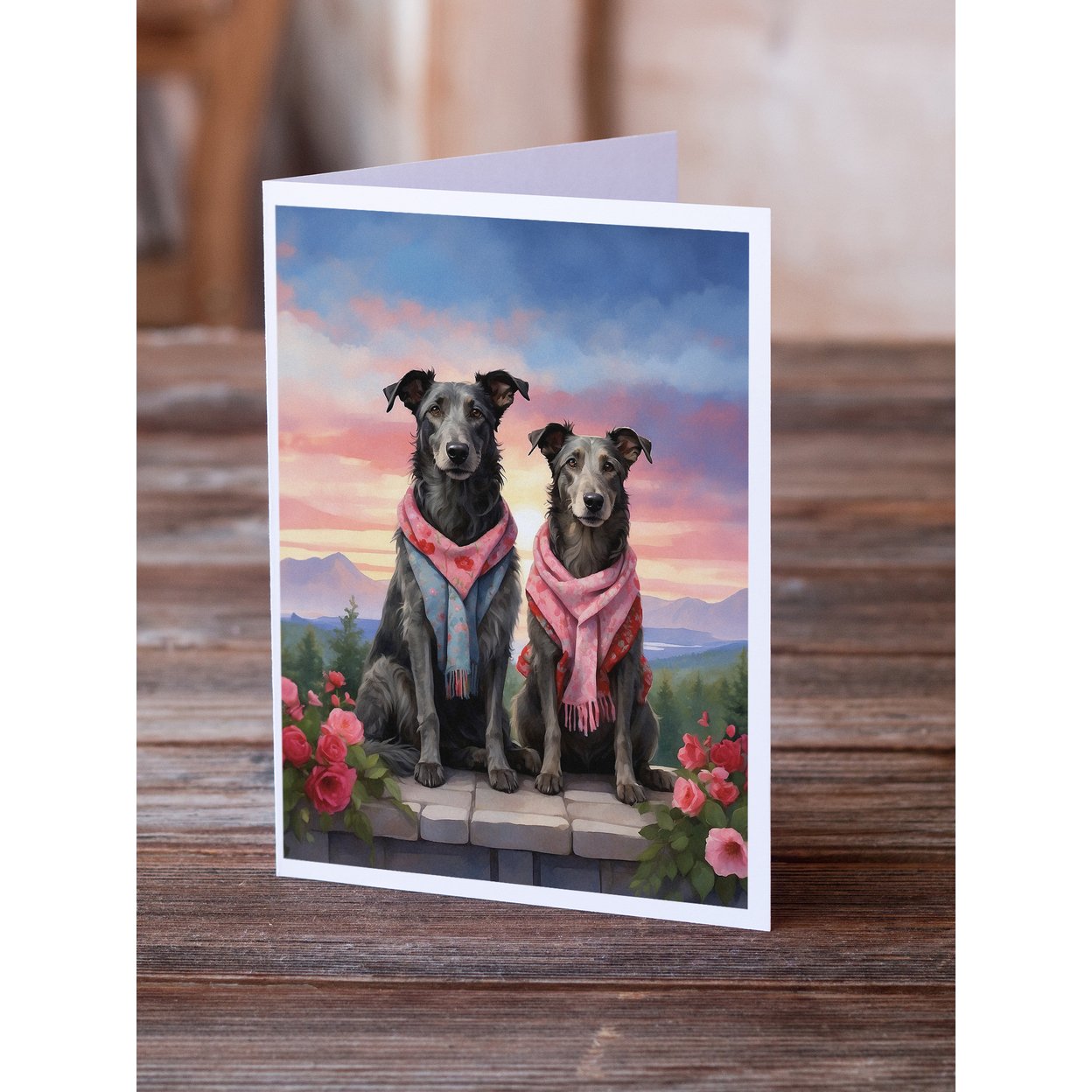 Scottish Deerhound Two Hearts Greeting Cards Pack of 8 7 in x 5 in
