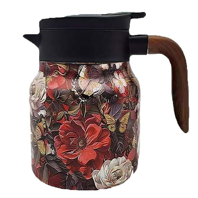 HLONK Tea 1000ML Vintage Floral Pattern Stainless Steel Insulated Teapot Built-In Infuser Wooden Handle