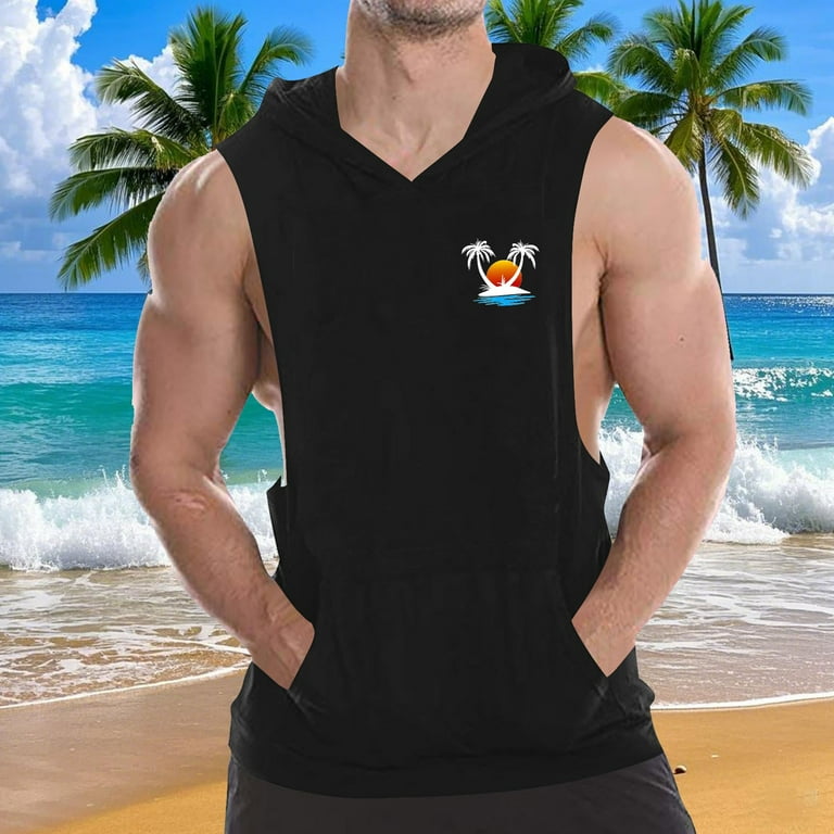 Taqqpue Men's Workout Hooded Tank Tops Solid Color Sleeveless Gym