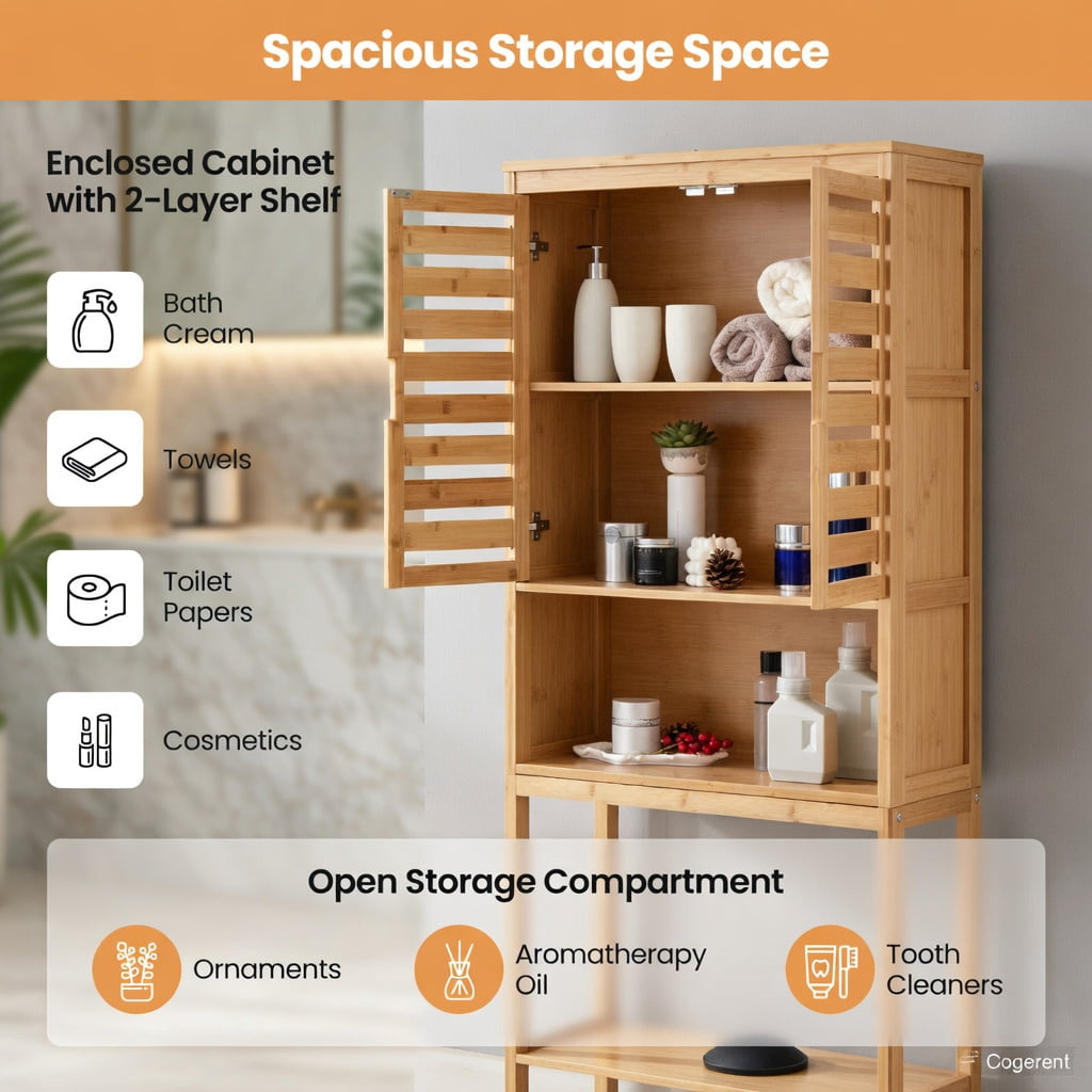 Hommoo Bamboo Over-the-Toilet Storage Cabinet with Adjustable Shelf, Ventilated Louvered Doors & Wall-Stabilizing Anti-Tip Kit Bathroom Organizer, Natural