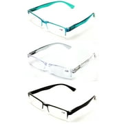 3 Pairs Lightweight Rectangular Unisex Readers with Spring Hinge - Clear Blue Black Reading Glasses - Spring Hinge 1.00