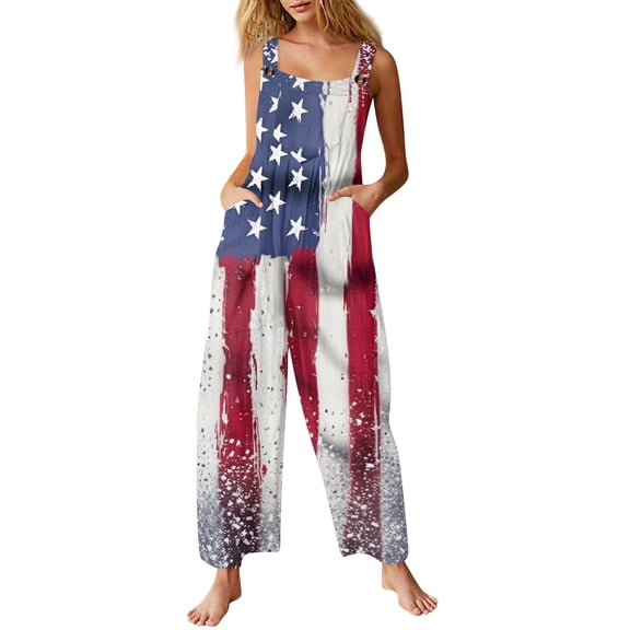 JULMCOMO American Flag Jumpsuits for Women Independence Day Cotton Linen Summer Patriotic Rompers 250th Year Wide Leg Sleeveless Stars Stripes Pants with Pockets Blue L