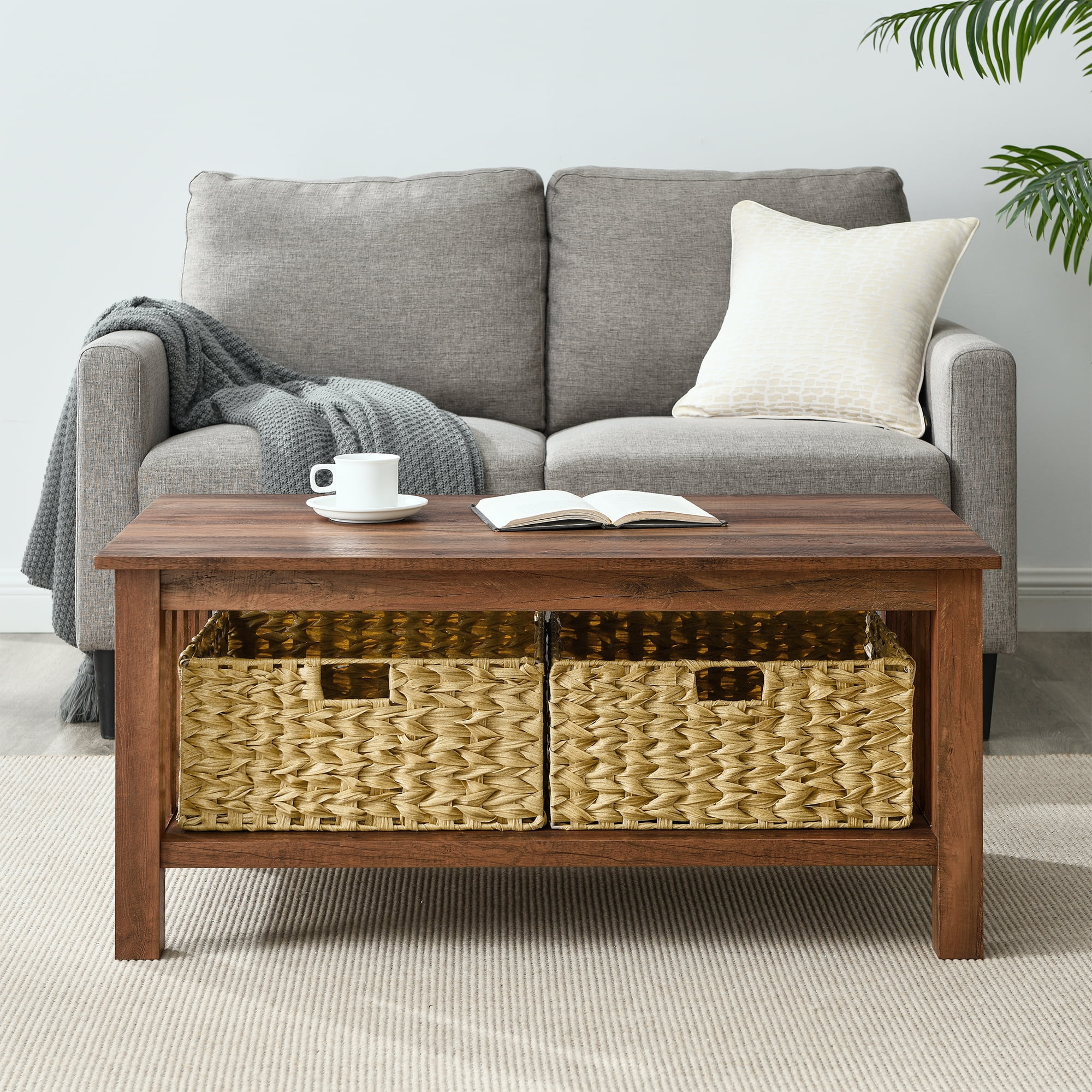 Woven Paths Farmhouse Mission Rectangle Coffee Table with Baskets, Reclaimed Barnwood