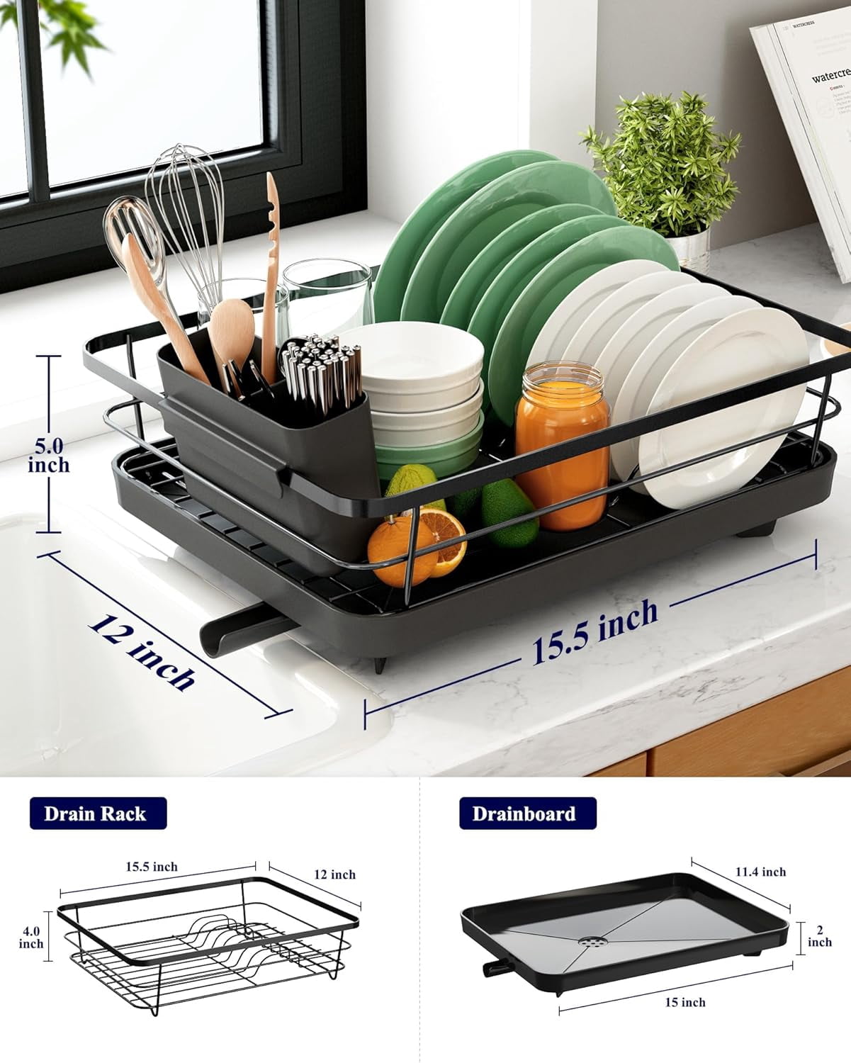 Kitsure Dish Drying Rack for Kitchen Counter, Stainless Steel Sink Organization and Storage Essentials with Cutlery Holder, Home and Appartment Decor, 12''W x 15.5''L, Red