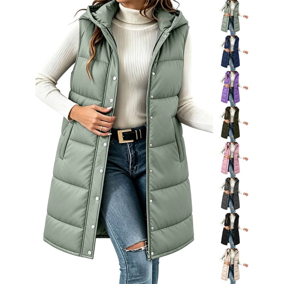 Ywyfzly Women's Long Puffer Vest Hooded Zip Up Sleeveless Padded Gilet with Pockets Solid Color Fall Winter Outerwear Green S