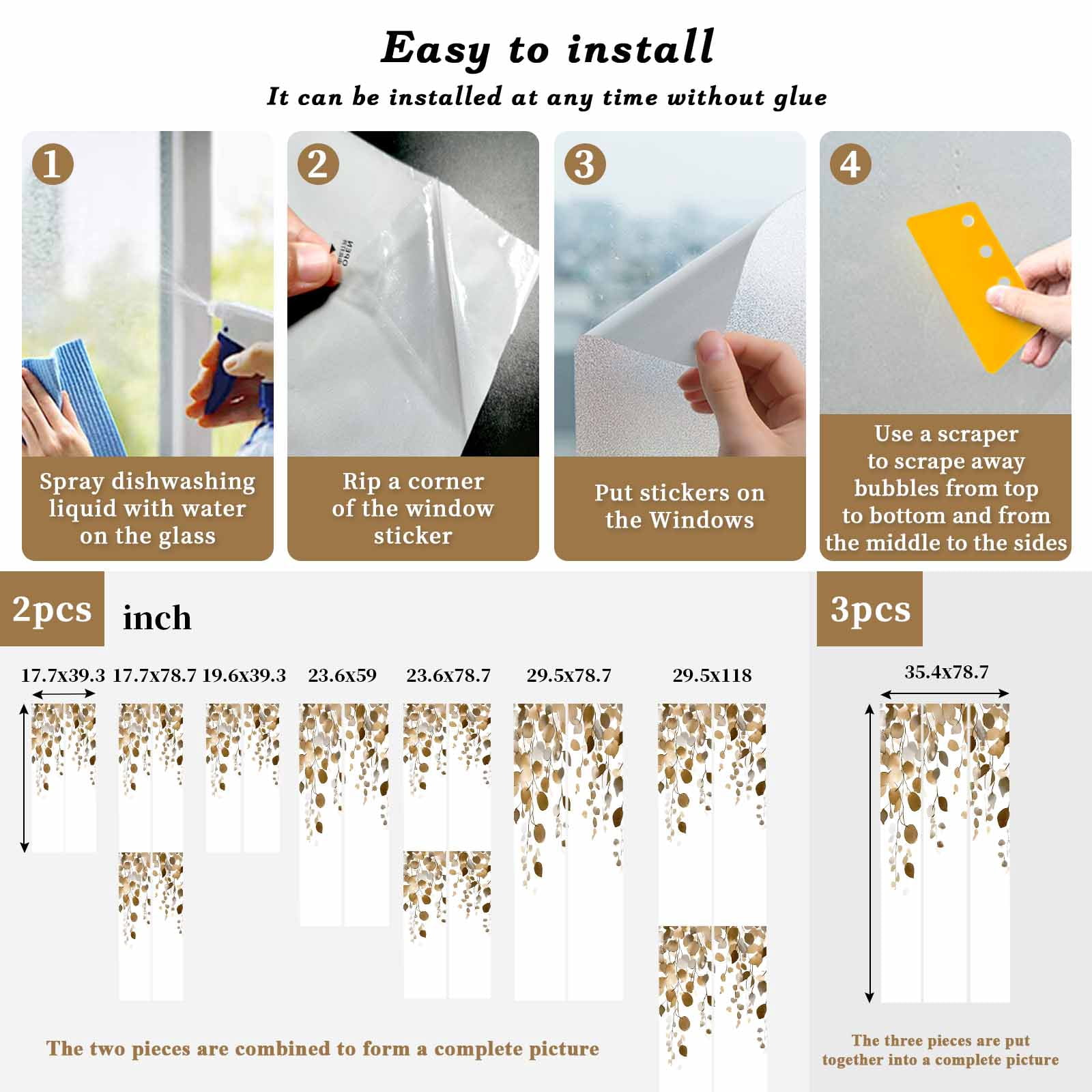 Brown Eucalyptus Leaves Window Privacy Film, Summer Watercolor Leaf Static Cling UV Sun Blocking Tint Film Heat Control Windows Films for Bedroom Bathroom, Window Stickers 23.6"x59"