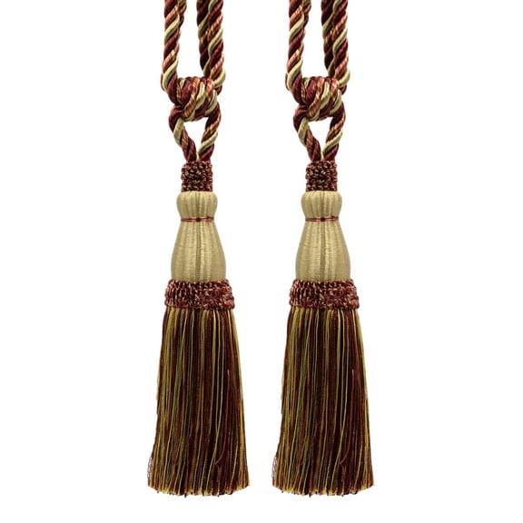 DECOPRO Elegant Lustrous Curtain Tassel Tieback, Tassel Length 8 1/2" (21.5cm), Spread 30" (76cm) # TBC085, Bistro Beige #PR02 (Golden Beige, Wine Red, Yellow Gold) Set of 2