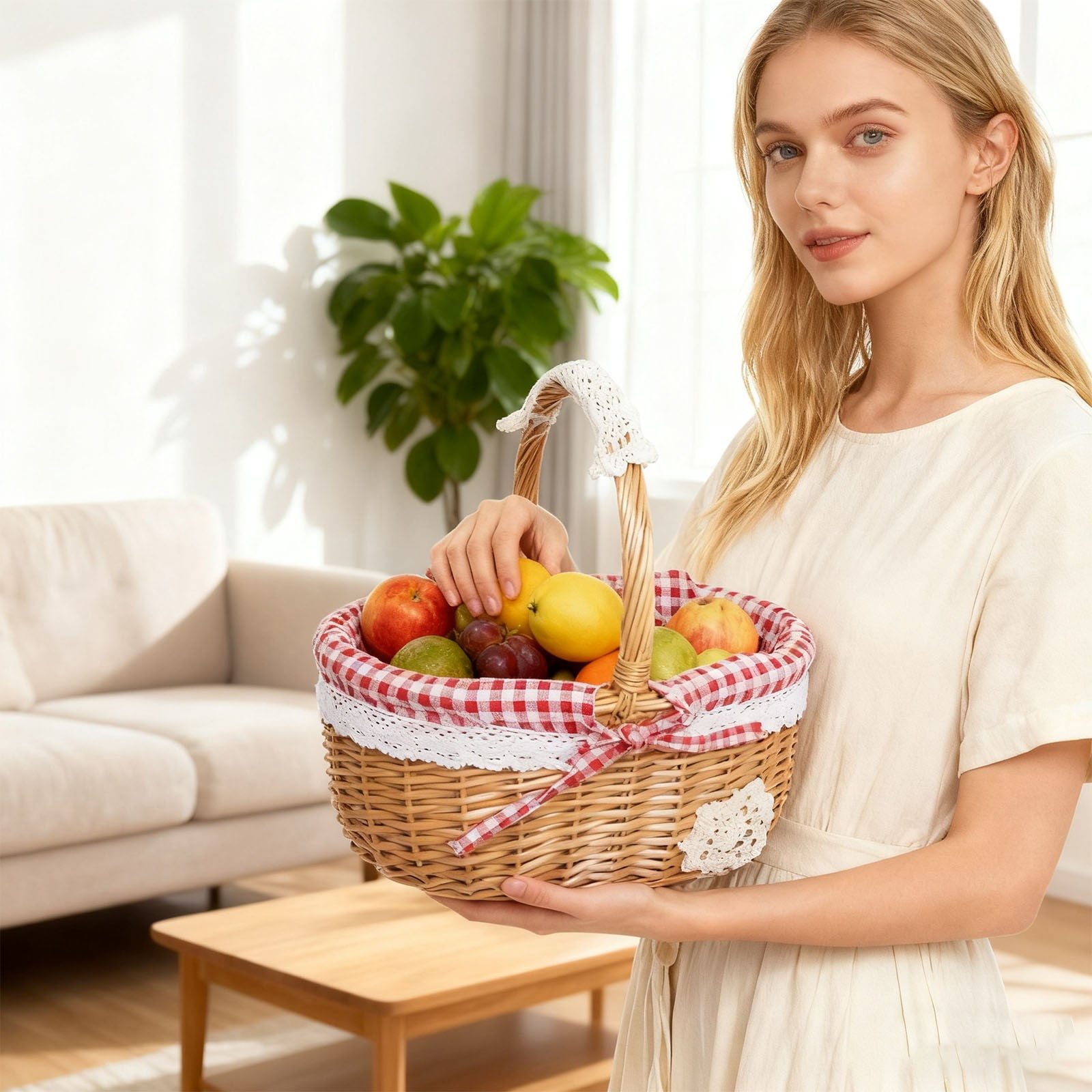 Natural Wicker Basket with Double Handles & Washable Gingham Liner, Small Hand Woven Empty Basket for Easter Gifts, Picnics, Home Decor, Candy Fruit Storage
