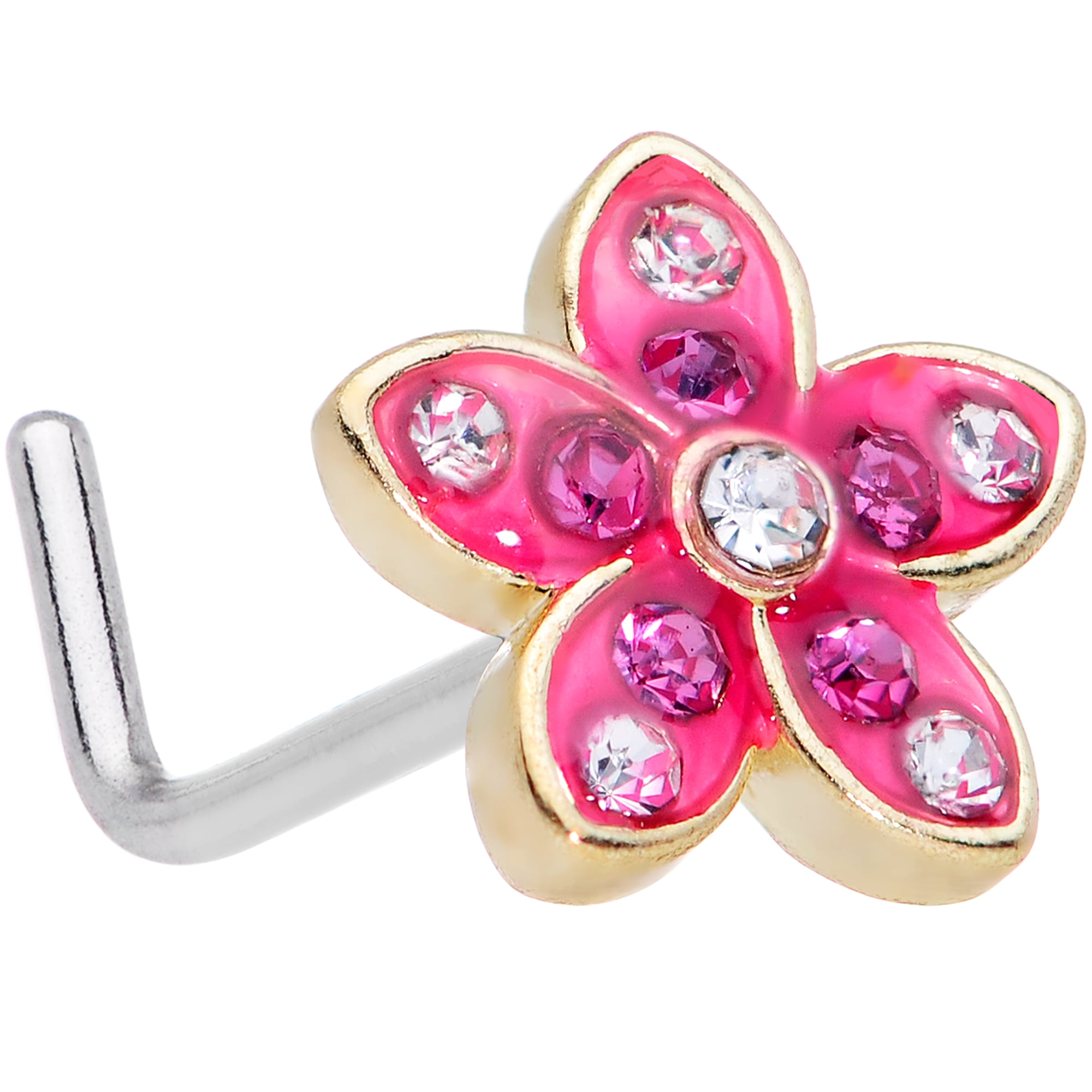 Body Candy Women 20G Steel L Shaped Nose Ring Purple Accent Pink Flower  Nose Stud Body Piercing Jewelry 1/4