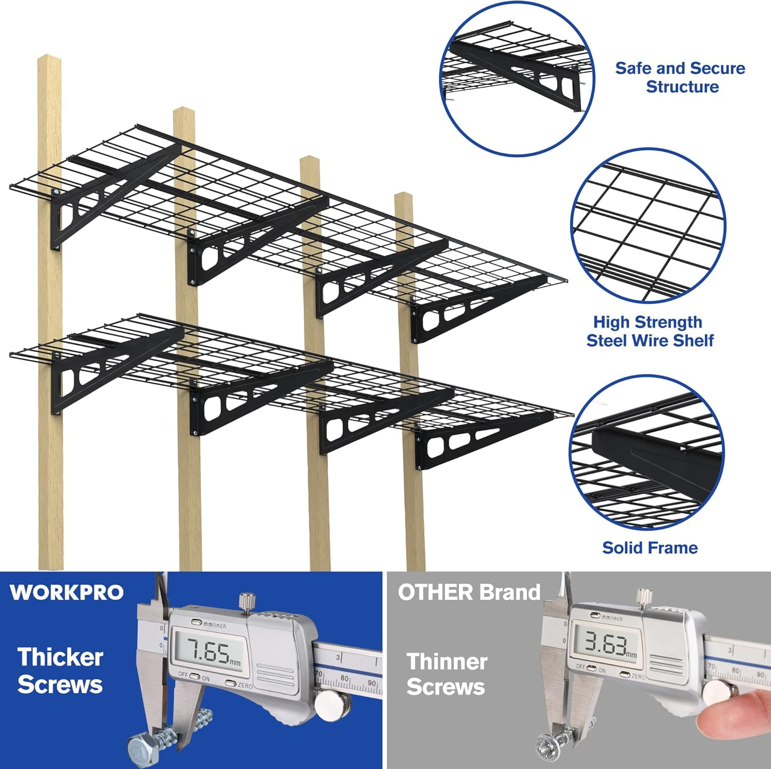 WORKPRO Garage 2-Tiers Metal 12.99"W x 4.53"H Storage Shelves Holds up to 800 lb Maximum Load Weight Capacity, Black