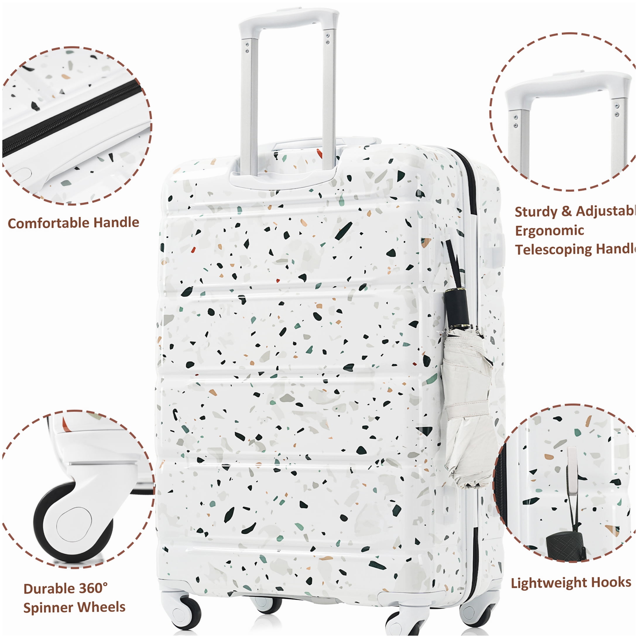 ABS PC Hard Shell Suitcase Set of 3 with USB, 20 Inch Carry On Luggage, 360° Spinner Wheels, White