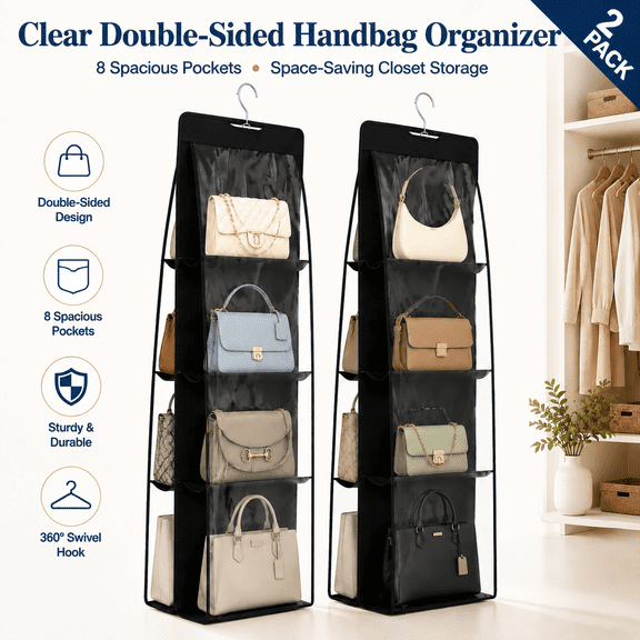 TAVENE 2 Packs 8 Pockets Black Handbag Hanging Purse Organizer for Purse Storage,Closet, Handbag Organizer and Purse Hanger for Space Saving