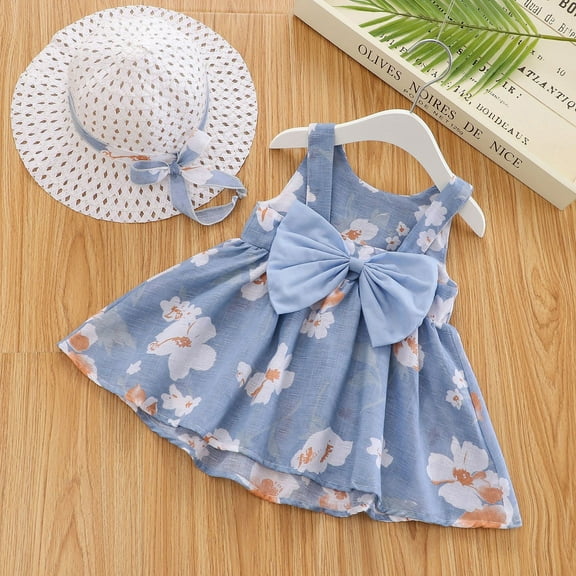 Glisme Girls Dresses Baby Tutu Dress Summer Sleeveless Backless Princess Birthday Party Dresses Floral Bow Dress With Straw Hat Set Blue Sundress Size 3-4 Years