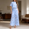 thumbnail image 2 of Short Sleeve Turn Down Collar Lapel Hollow Out Lace Vest and Wide Leg Pants Two Piece Outfit Women Summer Solid Color Blue L, 2 of 5