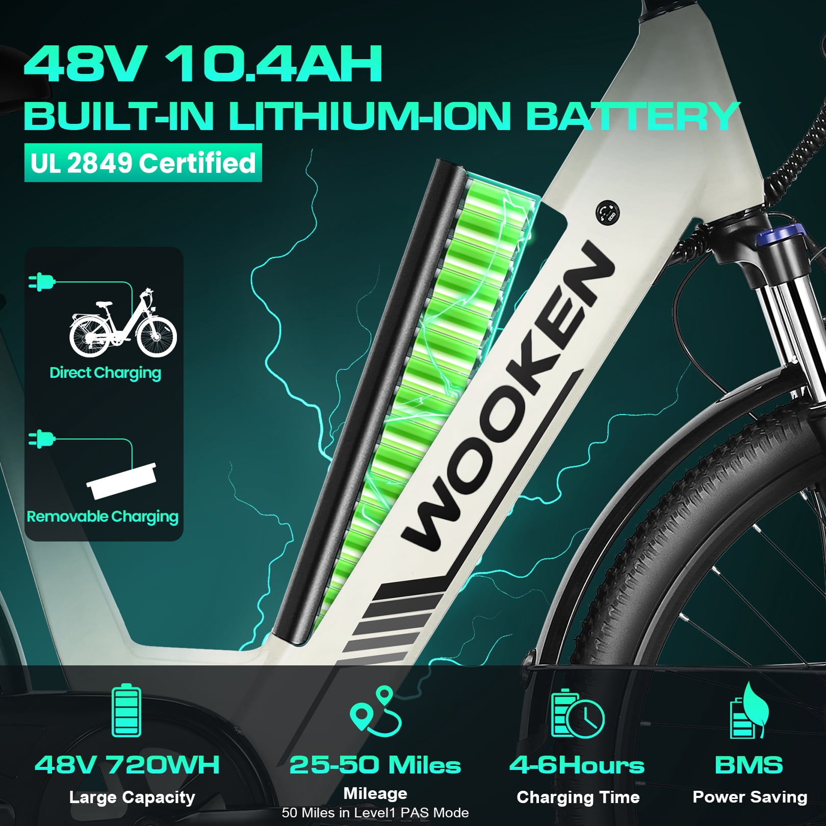 WOOKEN Electric Bike for Adults ,48V 10.4Ah Removable Battery and up to 50Miles 19.8MPH, 26" x 2.1" Electric Commuter Bike with 7-Speed and Front Suspension, UL 2849