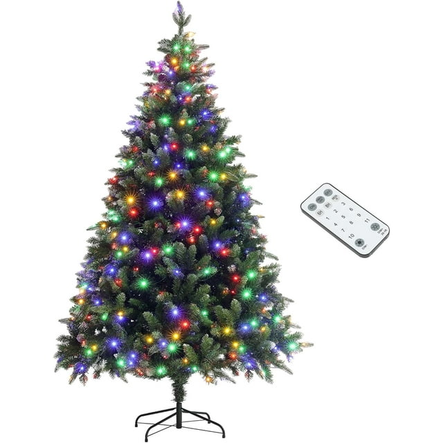 HOMCOM 7ft Artificial Prelit Christmas Tree with Dual Colour LED Light and 1466 Tips, Metal Stand, Hinged Xmas Tree for Home Office Holiday, Green