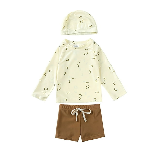 MIASHUI Boys Swimsuit Rash Guard Bathing Suit Toddler Girls Swim Trunk with Swimming Cap,Beige,6-7 Years