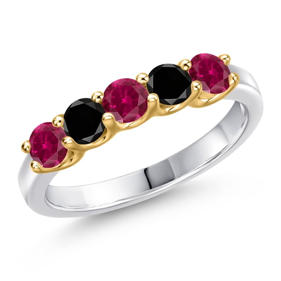 Gem Stone King 10K Two Tone Gold Red Created Ruby and Black Diamond Wedding-Bands Ring for Women | 1.09 Cttw | Round 3.5MM | Gemstone July Birthstone | Size 7