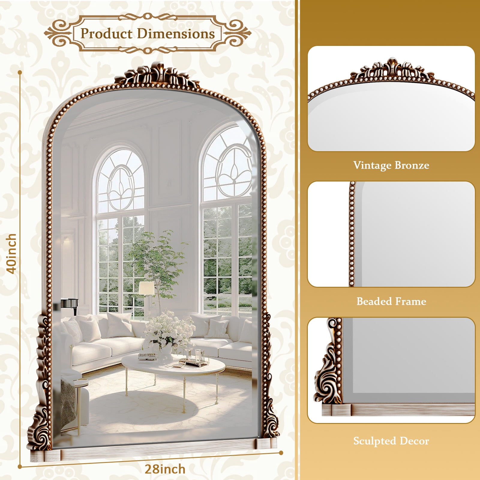 Gleamira 40"x 28" Arched Bathroom Mirror Vintage Vanity Mirror Wall Decorative Mirror, Antique Silver