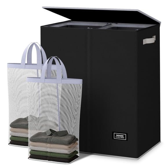 Cesto de ropa SOLEDI doble con tapa y 2 bolsas extraíbles, color negro