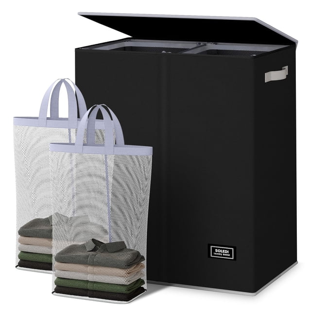 Cesto de ropa SOLEDI doble con tapa y 2 bolsas extraíbles, color negro