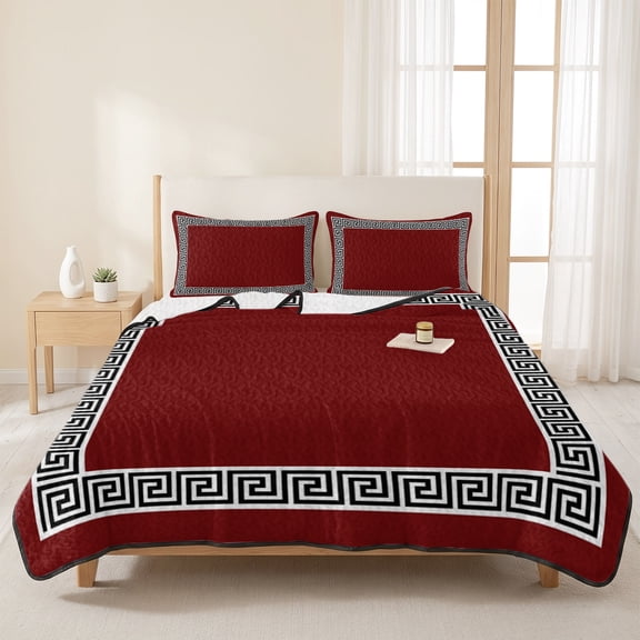 3 Pieces Queen Quilt Set,Greek Geometric Inspired Twist Line Soft Bedding Sets with 1 Quilt & 2 Pillow Shams,Abstract Key Pattern on Red Summer Bedspread Lightweight Coverlet Comforter for All Season