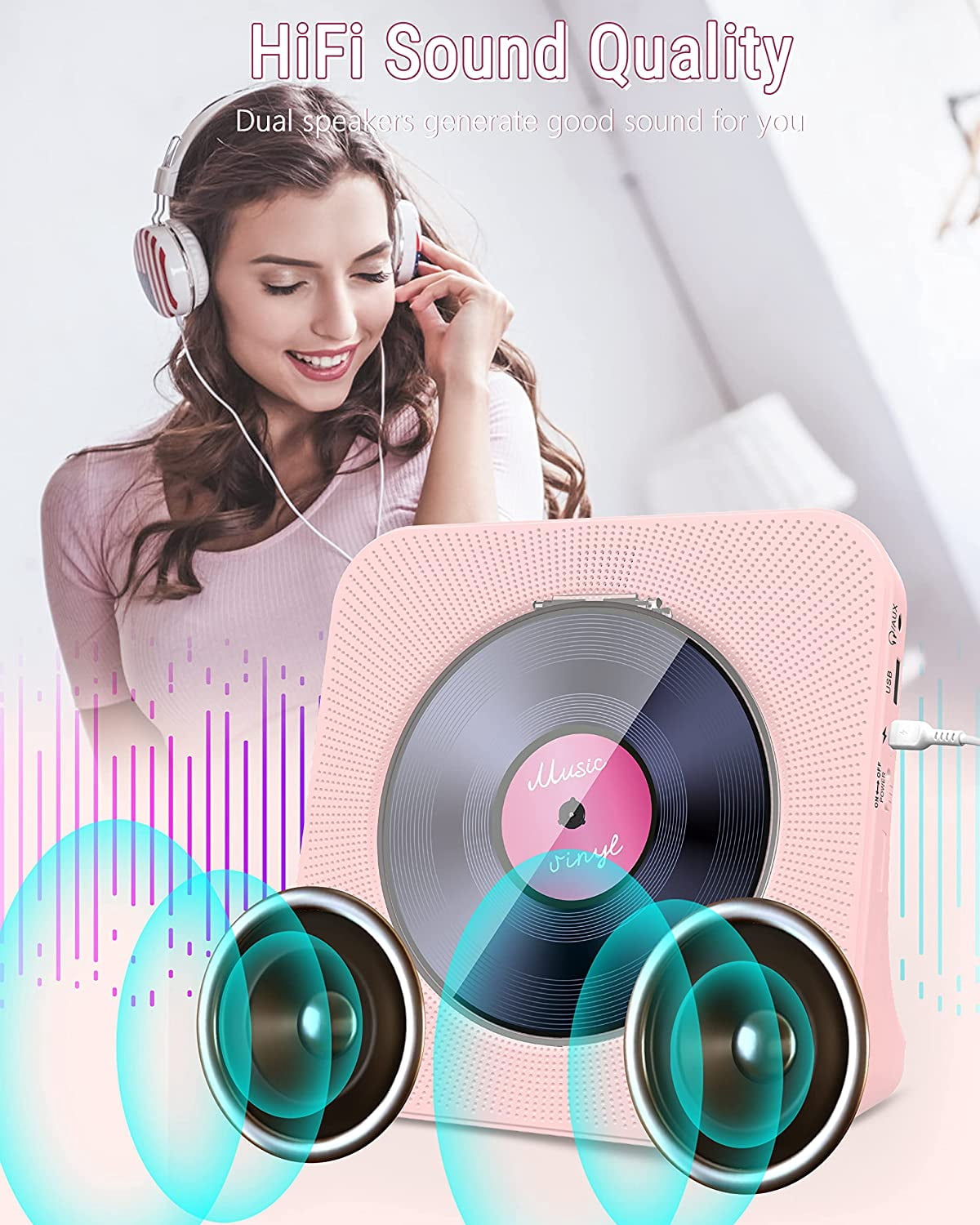 CD Player Portable Bluetooth Desktop 4000mAh Rechargeable CD Player with Remote Control for Home CD Player with Timer HiFi Speakers Dust Cover LCD Screen Display FM Radio-Pink