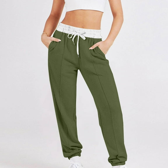 Makaor Joggers for Women with Pockets Solid Baggy Drawstring Lounge Pants with Elastic Waist Army Green XL