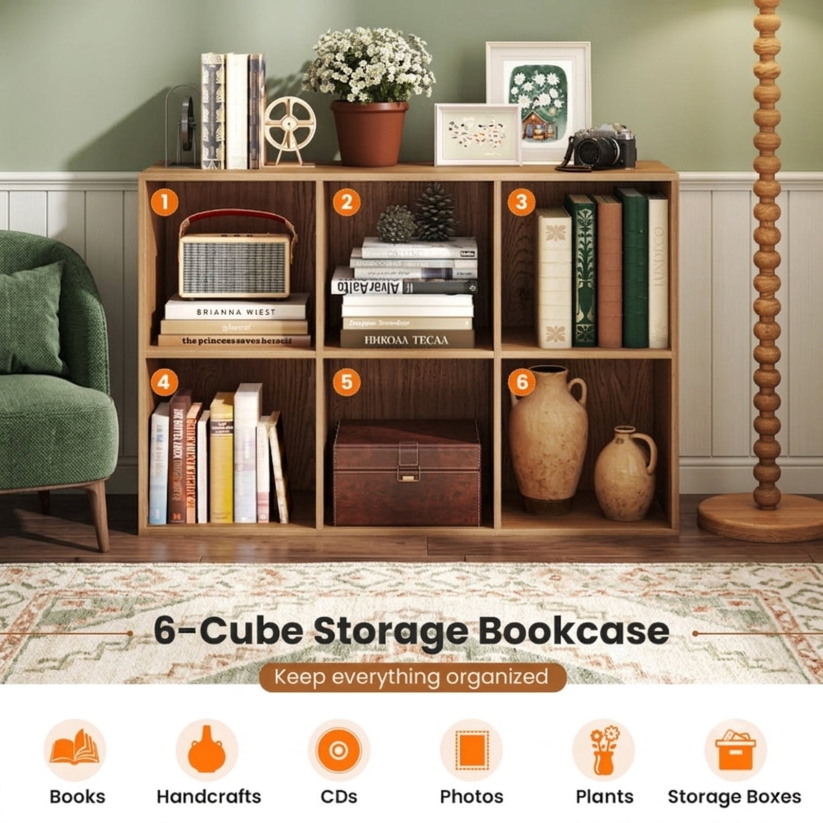 Furnibear Modern 6-Cube Bookcase Freestanding Wood Storage Bookshelf with Anti-Tipping Kits for Bedroom Living Room and Study, Natural