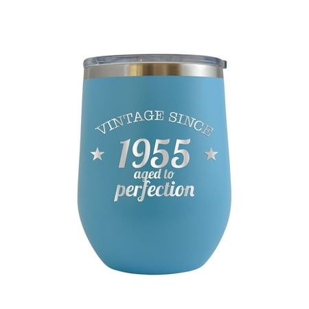 

Vintage Since 1955 Aged to Perfection - Engraved 12 oz Baby Blue Wine Cup Unique Funny Birthday Gift Graduation Gifts for Men or Women 65th Birthday Sixty Five Over the Hill Hilarious 1955