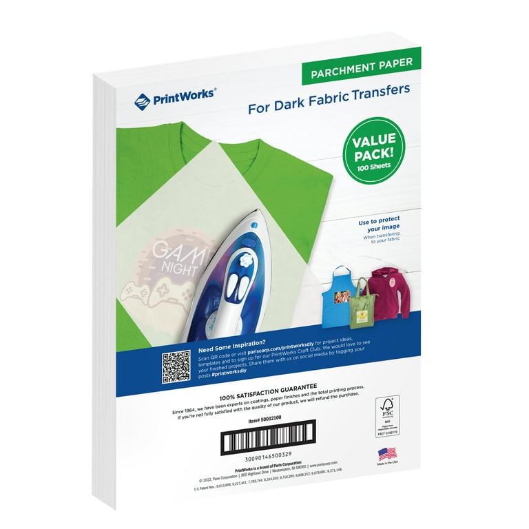 PrintWorks Bulk Parchment Transfer Paper, for Iron and Heat Press, 100  Sheets, 8.5 x 11 