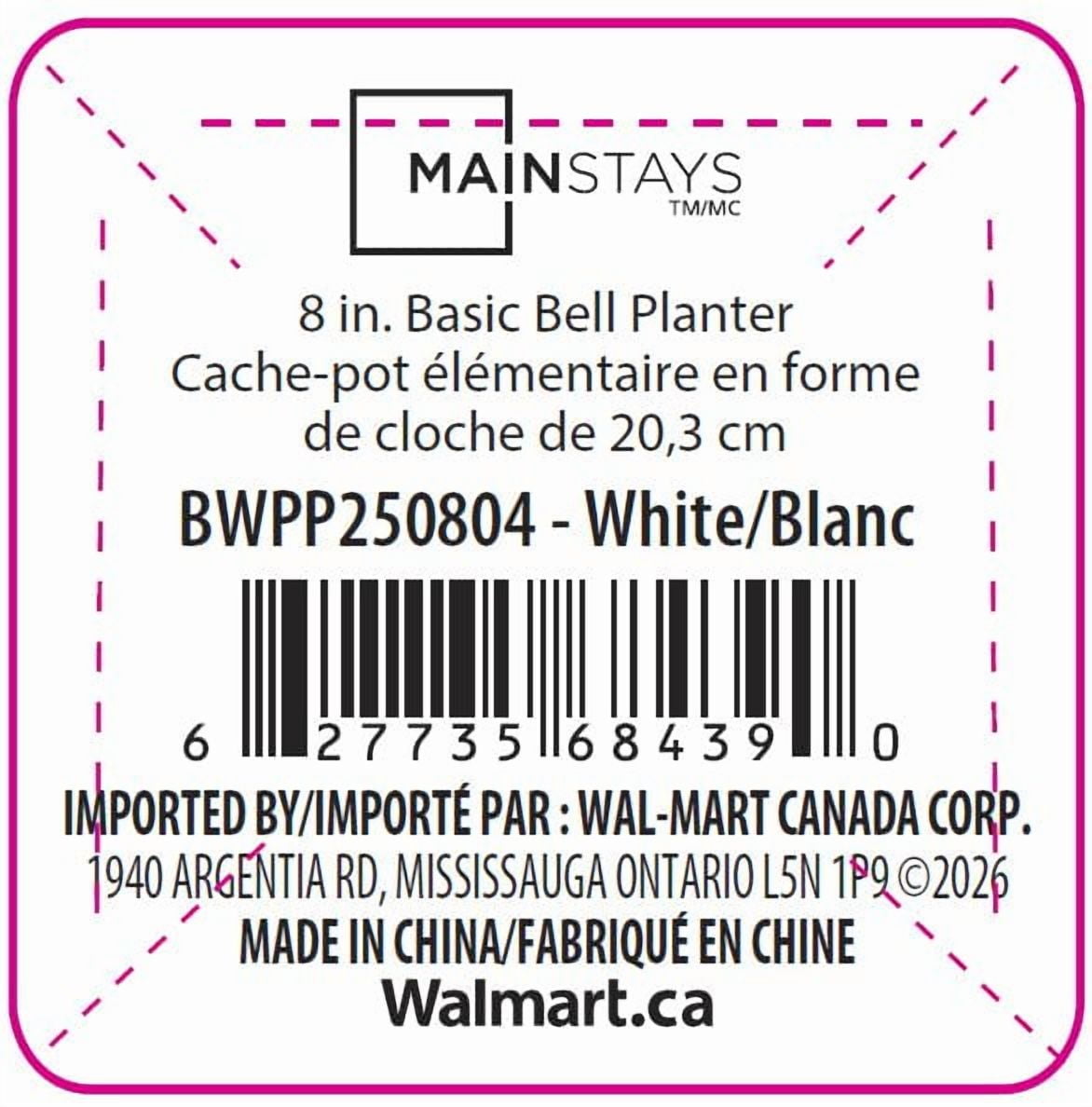 Mainstays Basic bell planter 12 inch White, Classic Design with Attached Tray Durable Weather Resistant, 12" white bottom tray. Durable, lightweight, and weather-resistant.
