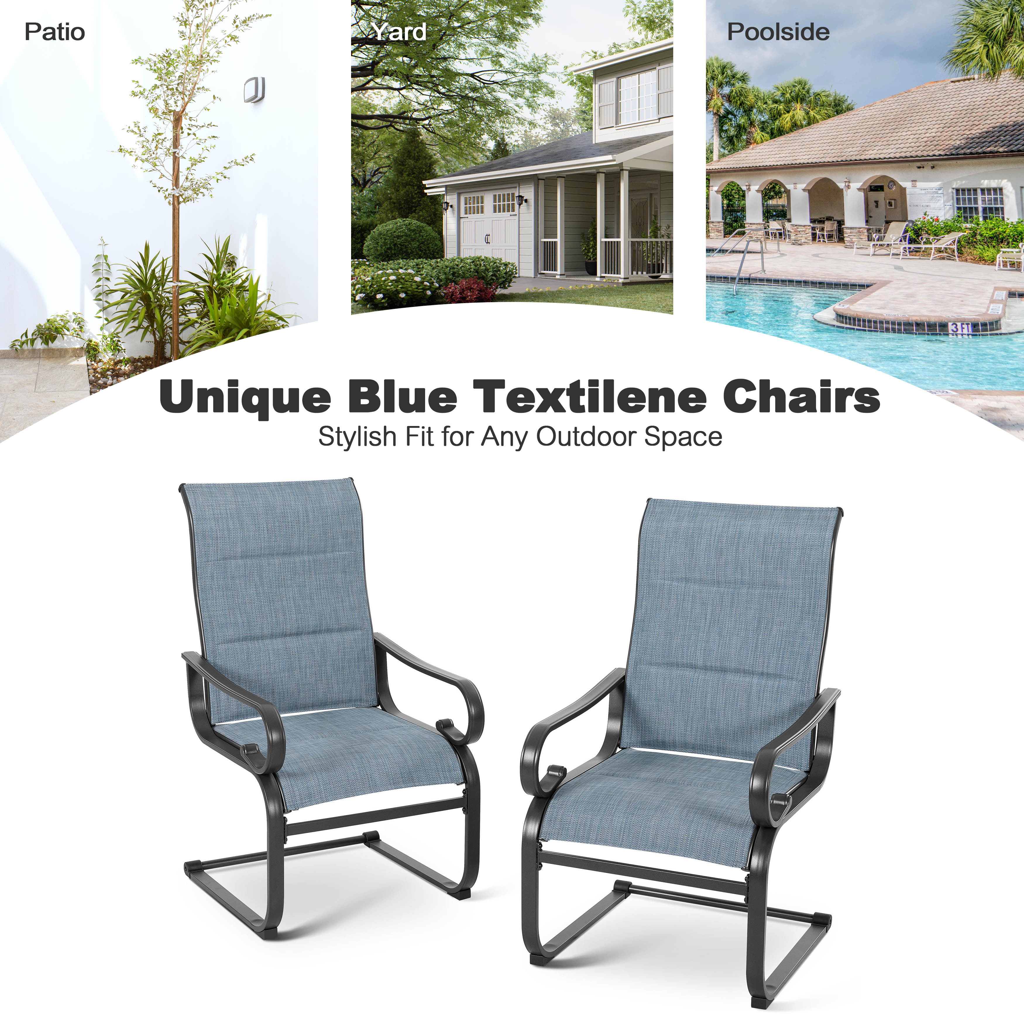 Nuu Garden Padded Textilene Patio Dining Chairs Set of 2, C-Spring Patio Chairs with Curved Armrests, High Back & Wide seat, Powder-Coated Metal Frame Patio Furniture, Blue and Black