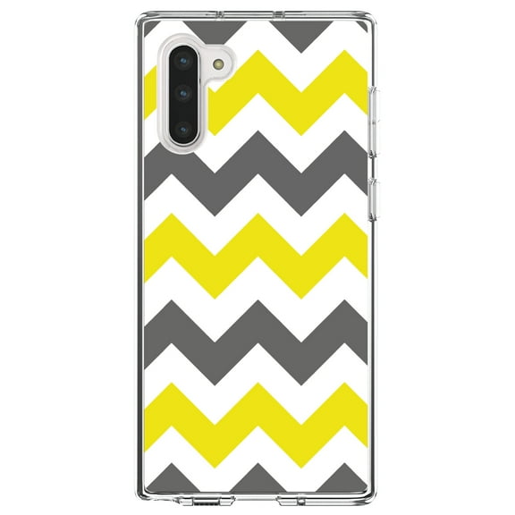 DistinctInk Clear Shockproof Hybrid Case for Samsung Galaxy Note 10 (6.3" Screen) - TPU Bumper, Acrylic Back, Tempered Glass Screen Protector - Grey Yellow Stripes - Stripes Pattern