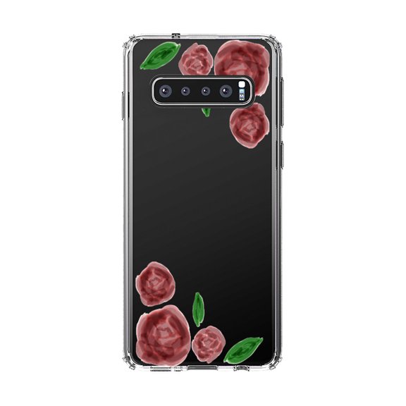 DistinctInk Clear Shockproof Hybrid Case for Samsung Galaxy S10  PLUS(6.4" Screen) - TPU Bumper, Acrylic Back, Tempered Glass Screen Protector - Watercolored Roses