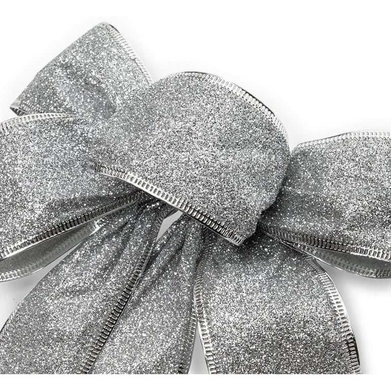 12 Pack Silver Glitter Wreath Bows for Christmas Outdoor Decorations, Organza Twist Tie Ribbons for Crafts, Xmas Gifts Present Wrapping, 7x9 in