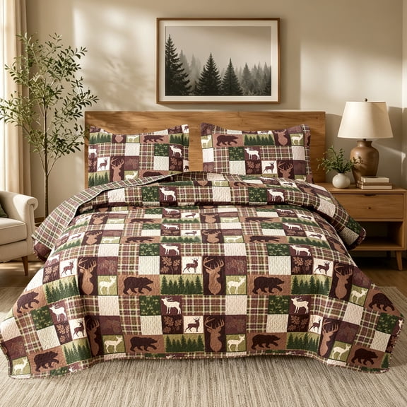 Beartech Quilt Set Queen Size Moose Bear Brown Plaid Quilt Lightweight Reversible Microfiber Bedspread Coverlet Bedding Set