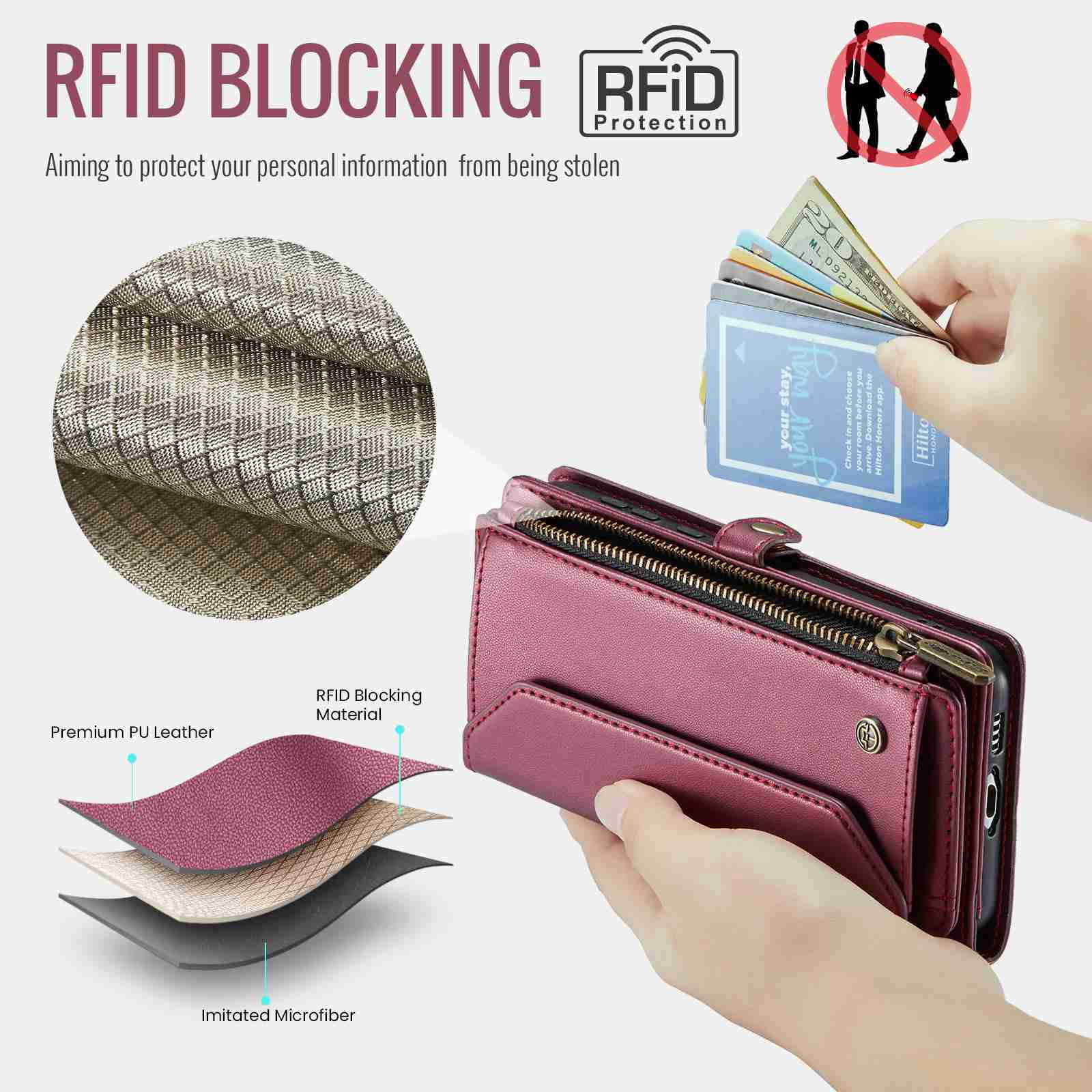 Dteck for Samsung A23 Case with RFID Blocking Wallet Case for Women Men, Shockproof PU Leather Magnetic Flip Strap Zipper Card Holder Phone Case,Winered