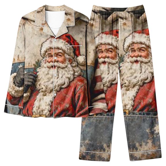 successthop Plus Size Christmas Pajamas for Women Santa Long Sleeve Lapel Button Nightwear and Pj Pants Xmas Sleepwear