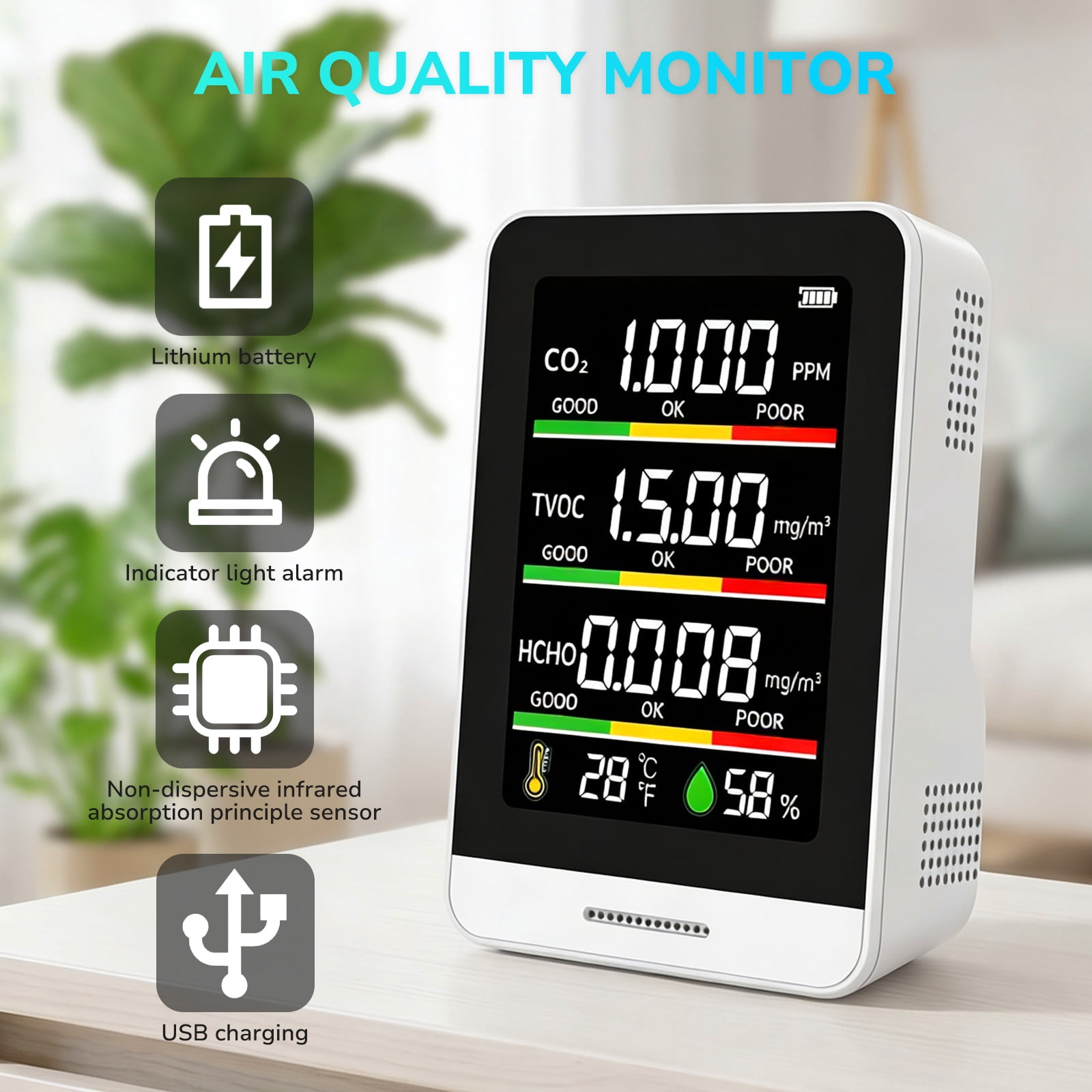 Fil-fresh 5 in 1 Air Quality Monitor Indoor with Real-Time Temp, Humidity & Clock Display Portable CO2 AQI Detector for Home, Office, Car