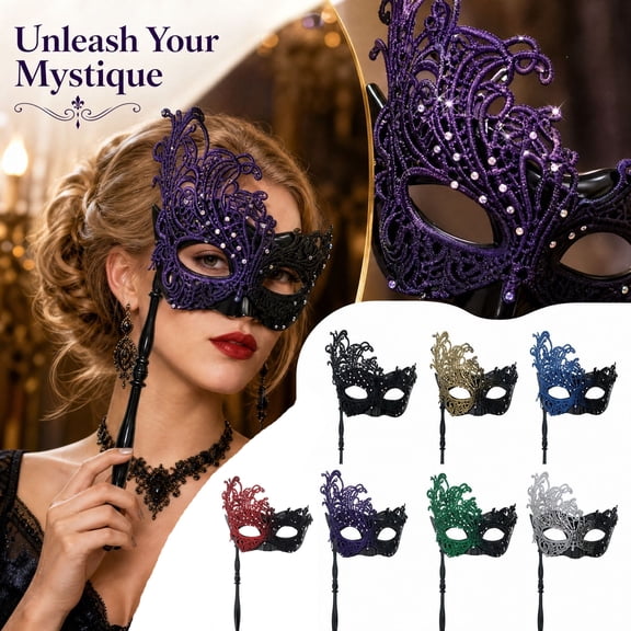 Black Lace Masquerade Mask for Women 12 Inch Venetian Masquerade Masks with Stick Rhinestone Accent Mask for Masquerade Party Mardi Gras Accessory for Halloween Events, 1 Pack