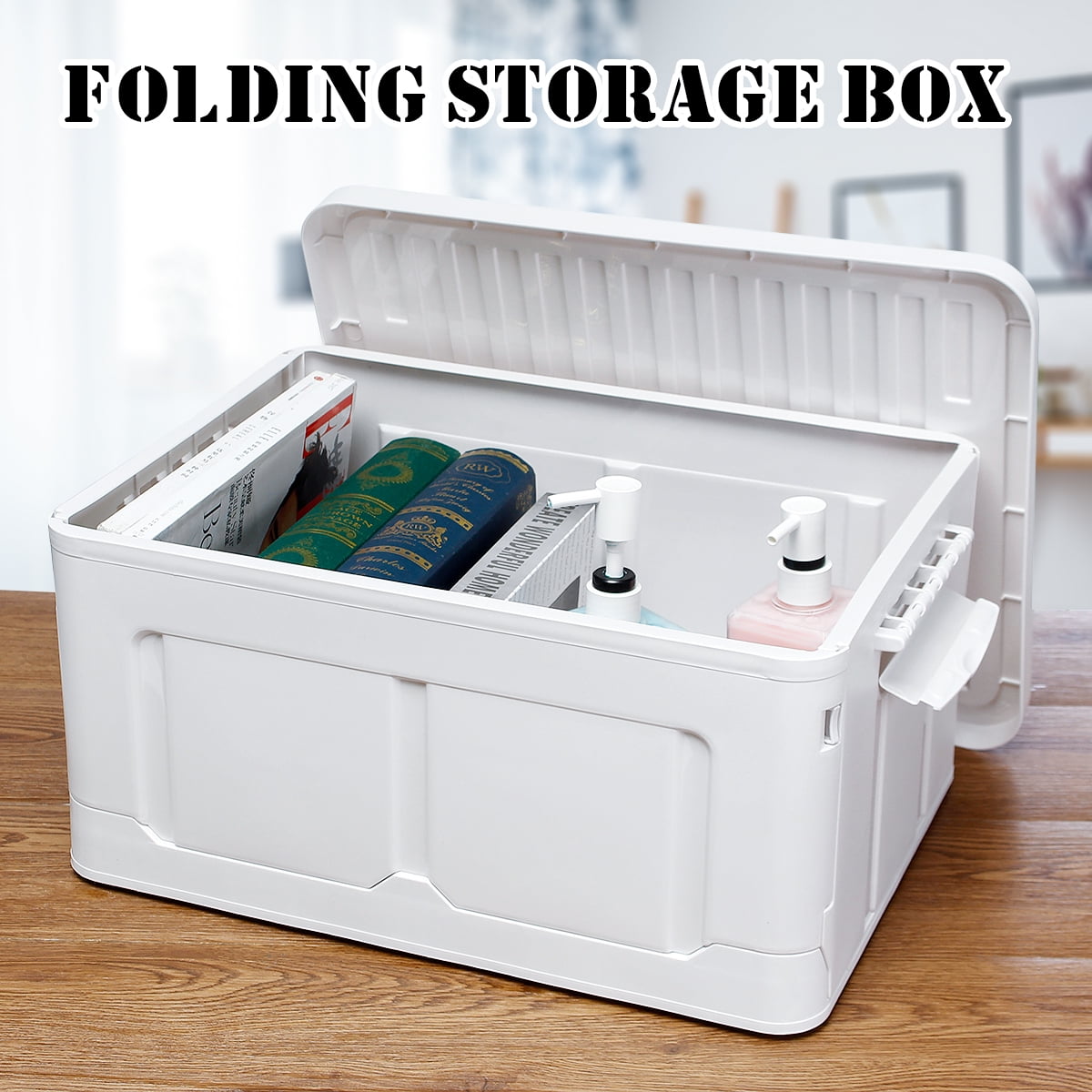 Lidded Storage Bins 55 L,Collapsible Storage Box Crates Plastic Tote Storage Box Container Stackable Folding Utility Crates for Clothes Books,Snack Toy white Shoe and Grocery Storage Bin 