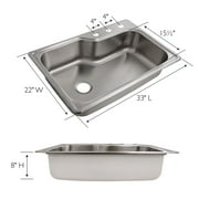 Stainless Steel Single Bowl Drop-In Kitchen Sink, 18-Gauge 304, 3-Hole, 33 x 22 x 8 in.